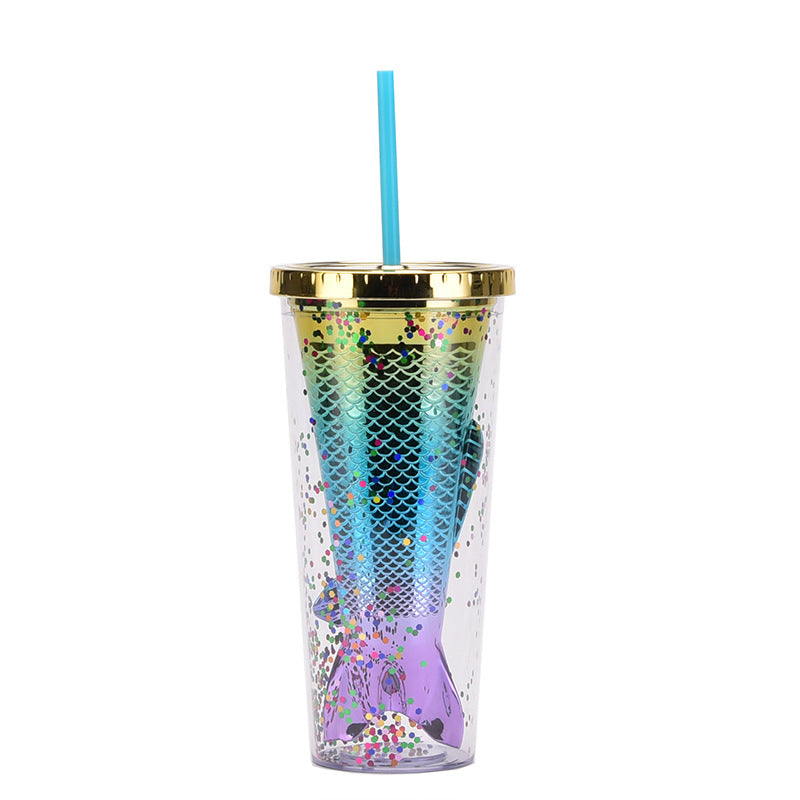 Wholesale Double-layer Plastic Cup Creative Gradient Mermaid Tail Colorful Sequin Straw Water Cup
